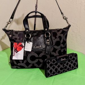 Coach 2-Way Signature OP Art Tote Shoulderbag Satchel Carryall w/Wallet